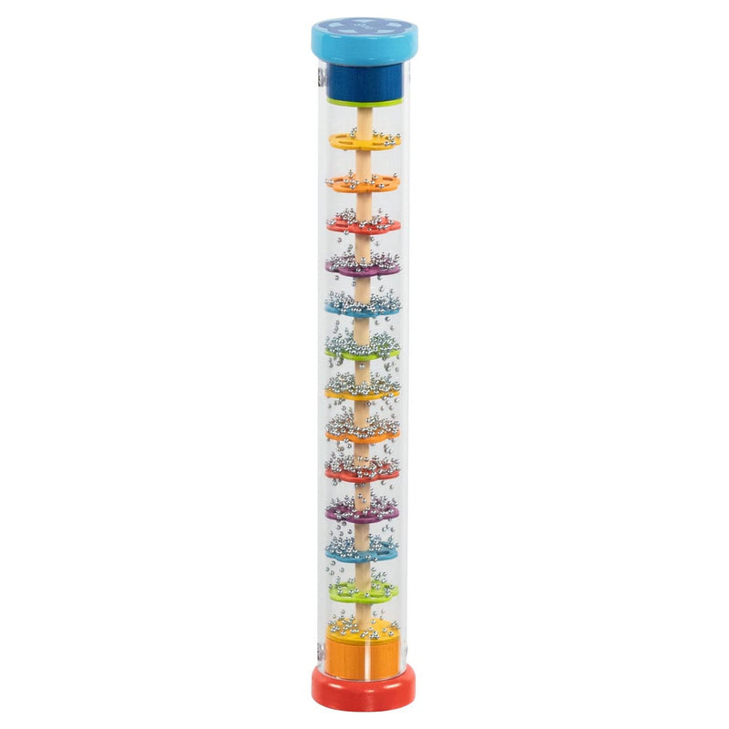 Colorful transparent rain stick toy with multicolored discs and silver beads on white background