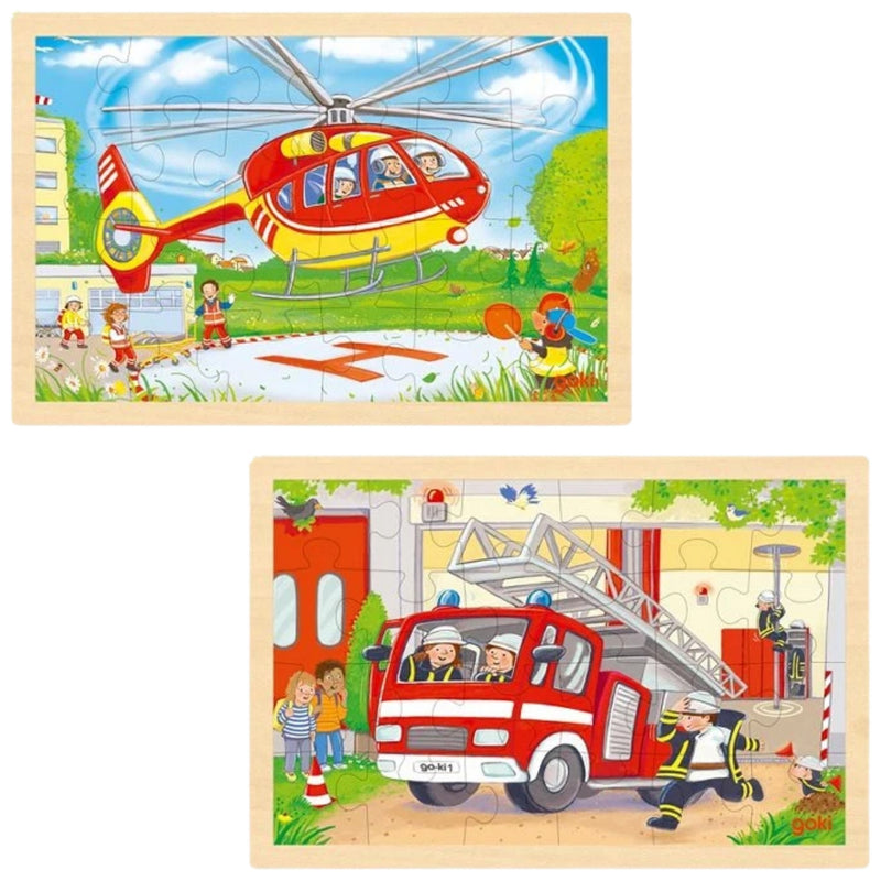 Two children's wooden jigsaw puzzle boxes featuring fire service scenes: a top puzzle showing a red and yellow helicopter with firefighters, and a bottom puzzle showing a red fire truck with firefighters outside a station.