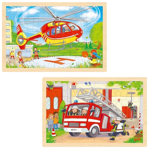 Two children's wooden jigsaw puzzle boxes featuring fire service scenes: a top puzzle showing a red and yellow helicopter with firefighters, and a bottom puzzle showing a red fire truck with firefighters outside a station.