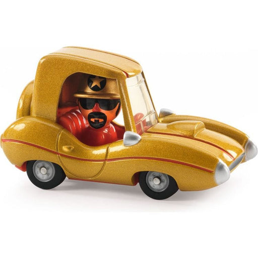 Golden toy car with red character driver wearing sunglasses and hat