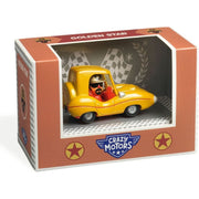 DJECO Crazy Motors Golden Star yellow toy car in retail packaging box