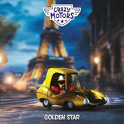 Golden toy car from Crazy Motors collection with Eiffel Tower background in Paris setting