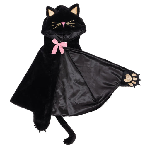 A black cat costume cape with a plush hood featuring cat ears, embroidered facial details, a pink bow, and a long winged cape with a paw print on the sleeve, shown on a plain white background.