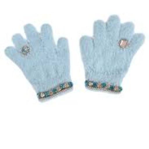 A pair of light blue fuzzy knit gloves with decorative rhinestone trim at the cuffs and a crystal embellishment on the back of each hand, shown against a plain white background.