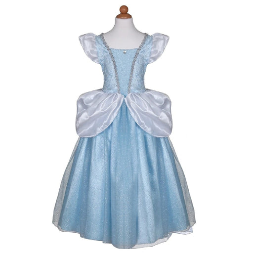 A children's princess-style dress displayed on a mannequin against a plain white background. The dress is light blue with a sparkly skirt, a satin bodice, sheer flutter sleeves, and a white overskirt with a silver beaded neckline.