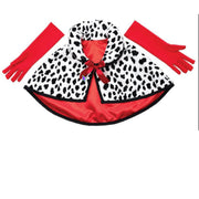 A costume cape with a black and white dalmatian spot pattern, a bright red lining, a red bow at the collar, and matching red gloves, displayed on a plain white background.