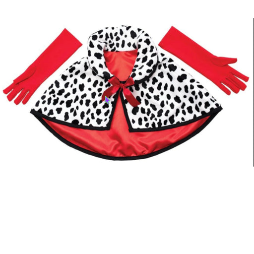 A costume cape with a black and white dalmatian spot pattern, a bright red lining, a red bow at the collar, and matching red gloves, displayed on a plain white background.