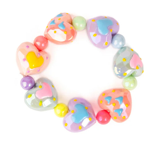 A beaded bracelet made of glossy, hand-painted heart-shaped beads in pastel colors of pink, purple, blue, green, and gray, accented with small yellow dots, arranged in a circle on a white background.