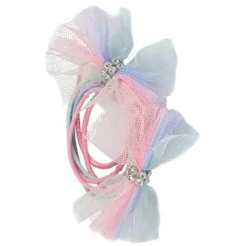 A set of three pastel tulle hair bows on elastic hair ties, featuring light blue, pink, and white mesh with small silver rhinestone accents, shown on a plain white background.