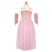Beautiful pink princess costume with white ruffle and pink velvet arm covers on white background.
