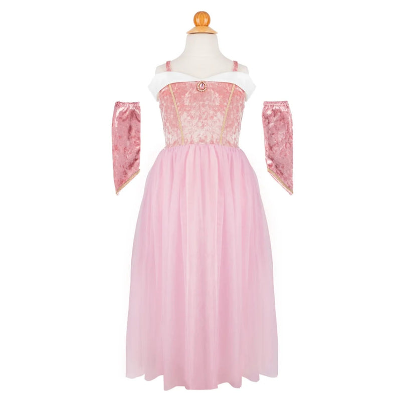 Beautiful pink princess costume with white ruffle and pink velvet arm covers on white background.