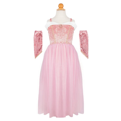 Beautiful pink princess costume with white ruffle and pink velvet arm covers on white background.