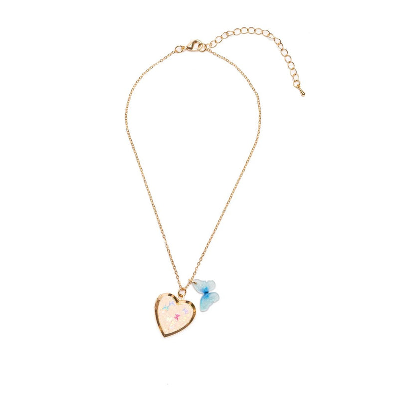 Gold chain necklace with heart locket and blue butterfly charm pendants