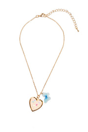 Gold chain necklace with heart locket and blue butterfly charm pendants