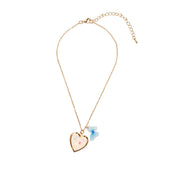 Gold chain necklace with heart locket pendant and blue butterfly charm