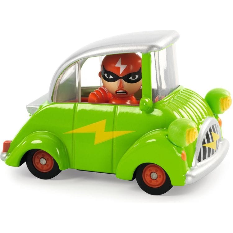 Green toy car with superhero figure driver and lightning bolt design