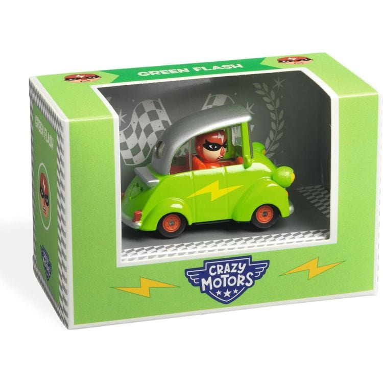 DJECO Crazy Motors Green Flash toy car in green retail packaging box