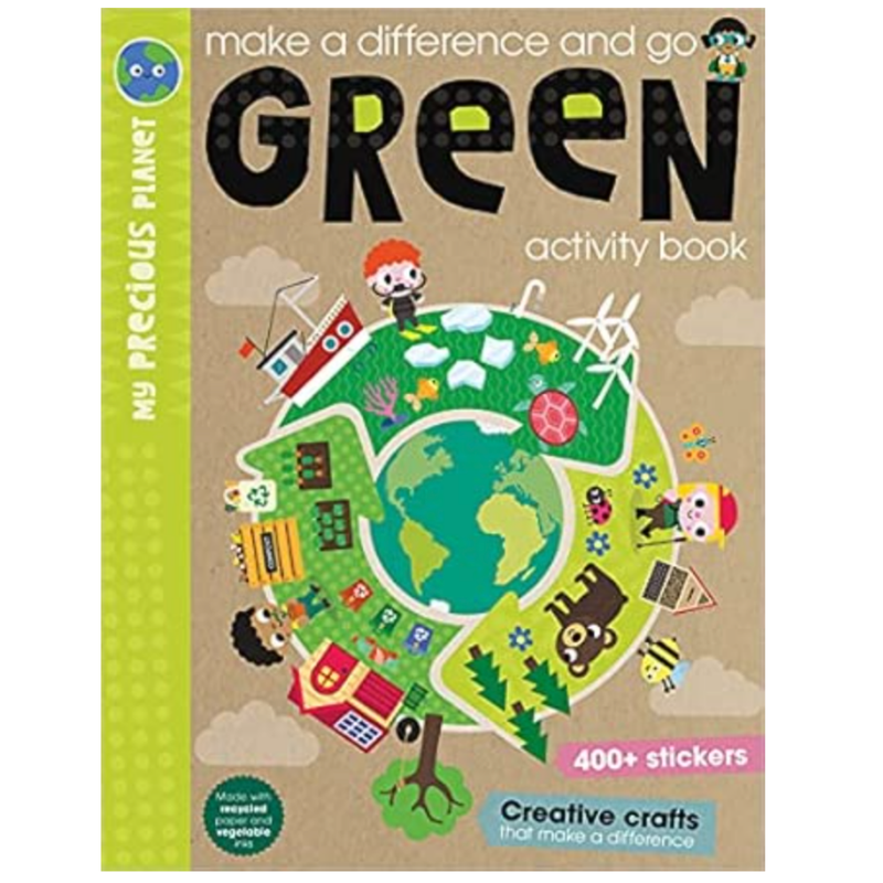 Activity book cover with a green world map illustration and text about making a difference.