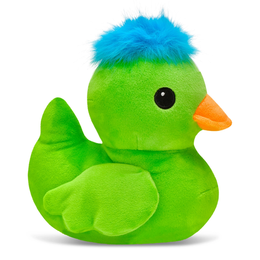 Right side facing Green plush duck with blue hair and an orange beak on a white background.