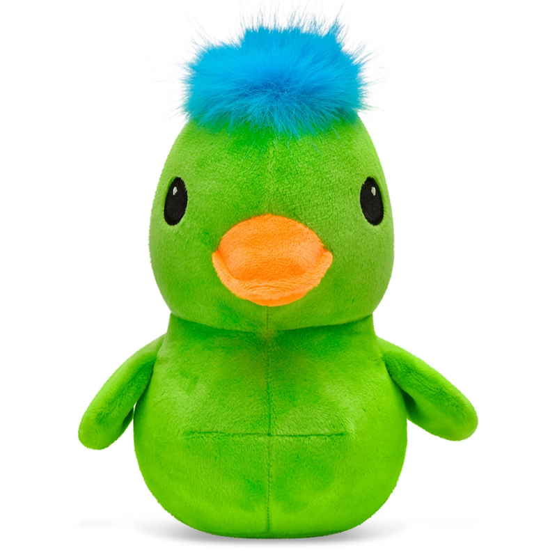 Front facing Green plush duck with blue hair and an orange beak on a white background.