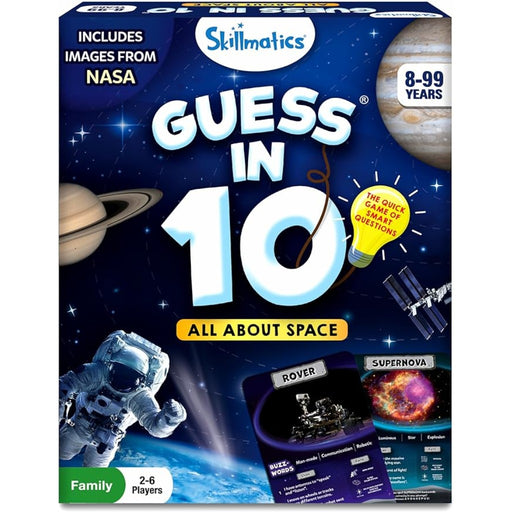 Skillmatics Guess in 10 space-themed educational game packaging with NASA images.