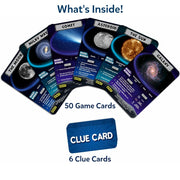 Space-themed game cards with celestial bodies and text on a white background