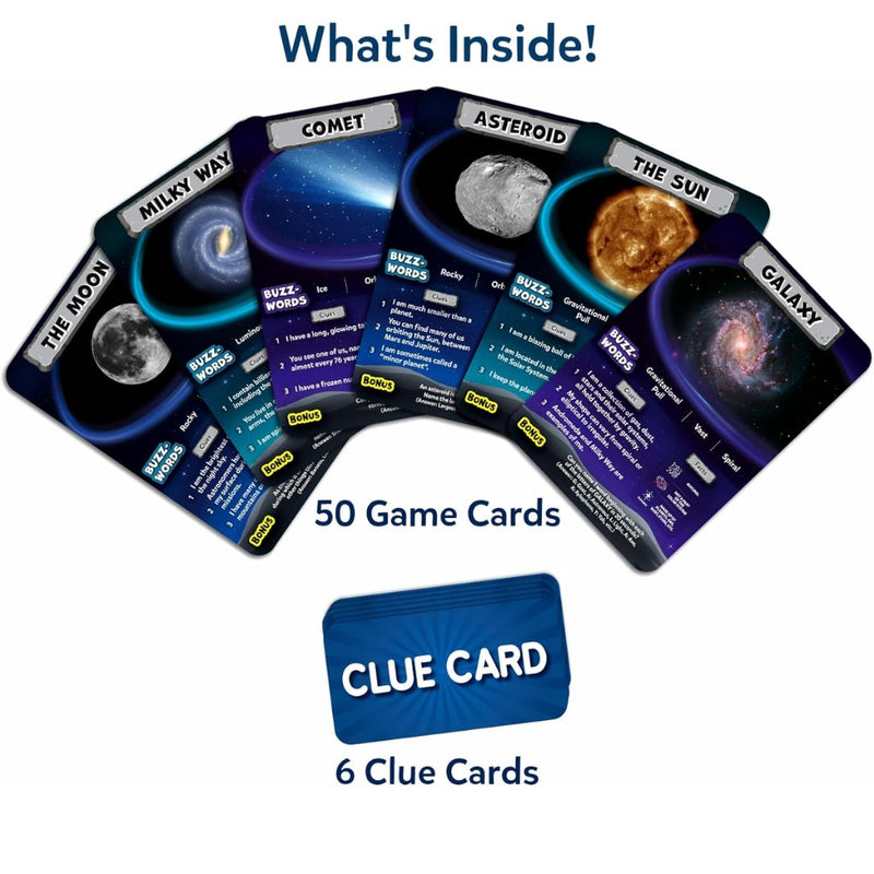 Space-themed game cards with celestial bodies and text on a white background