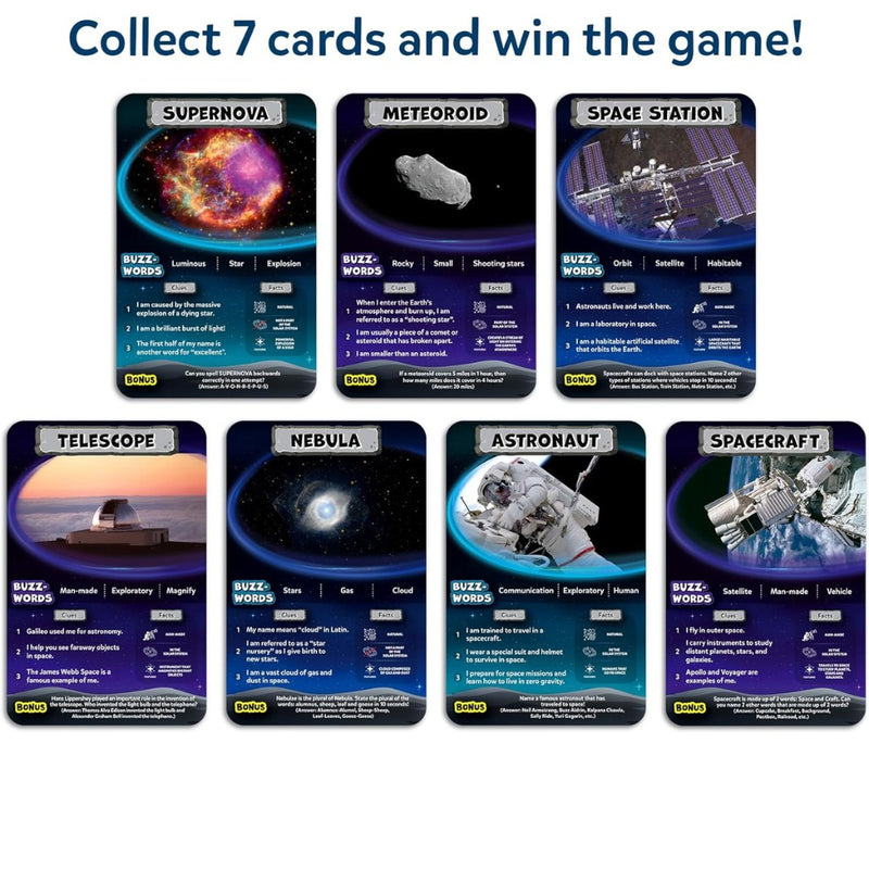 Space-themed cards with images and text on a white background