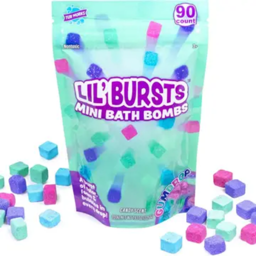 Packaging of Lil' Bursts mini bath bombs with colorful bath bombs scattered around.