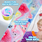 Colorful bath foam with text on making fun bath potions, creating art, and coloring the bath.