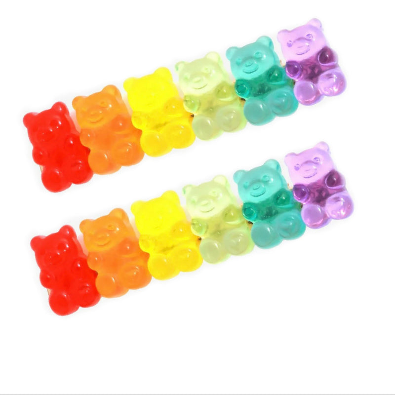 Two rainbow gummy bear hair clips arranged in parallel rows on white background