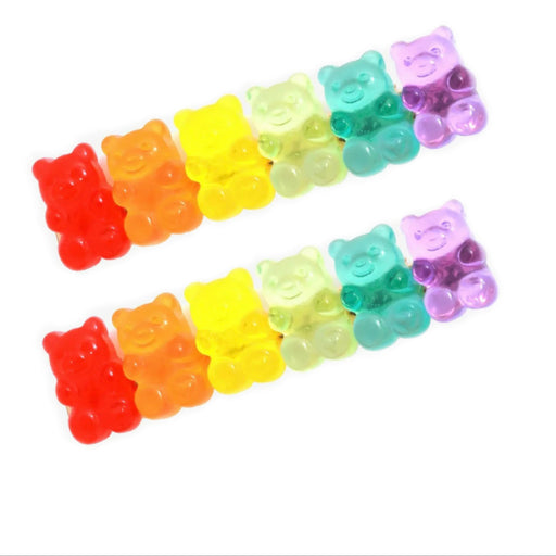 Two rainbow gummy bear hair clips arranged in parallel rows on white background