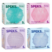 Four boxes of Speks Gump Surface memory gel stress balls in different colors (teal, pink, lavender, blue) with visible branding.