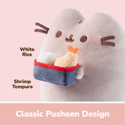 Angled close-up of Pusheen Bento Box plush with rice and shrimp tempura details