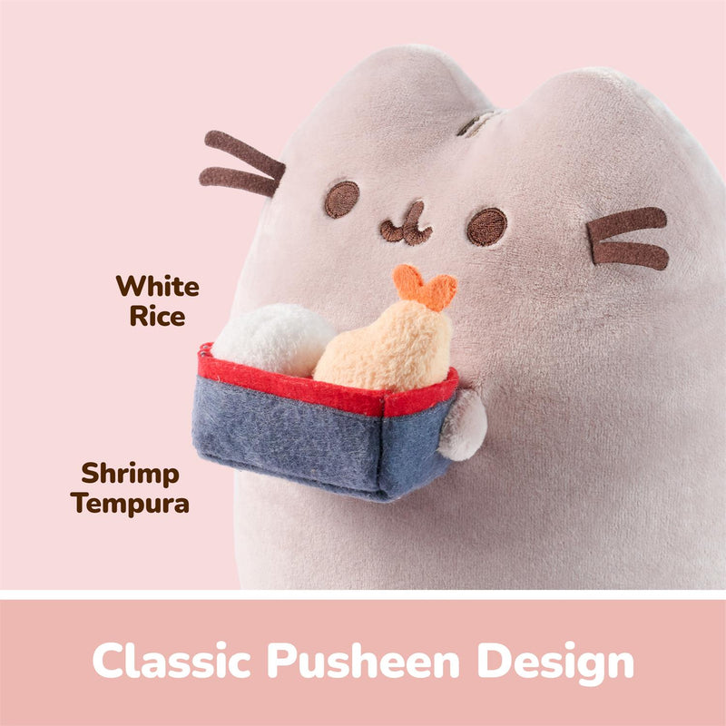 Angled close-up of Pusheen Bento Box plush with rice and shrimp tempura details