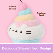 Close-up of Pusheen Shaved Ice plush showing the pink cherry and pastel rainbow swirl