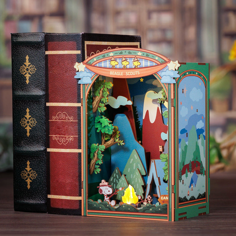 Peanuts Beagle Scouts book nook diorama with camping scene and Snoopy characters