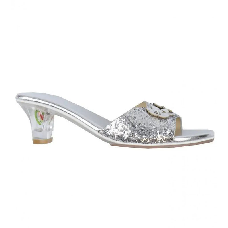 Silver sequined slipper sandal with low heel and decorative flower detail