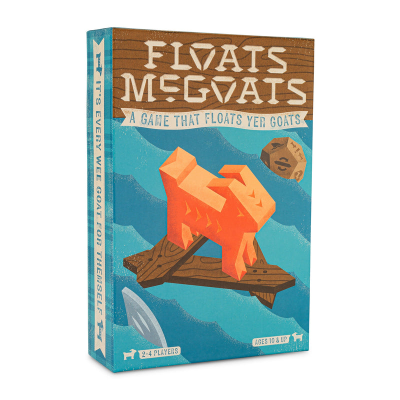Floats McGoats board game box showing orange goat on wooden raft with blue water background.