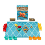 Floats McGoats board game with game board, colorful goat pieces, wooden planks and box