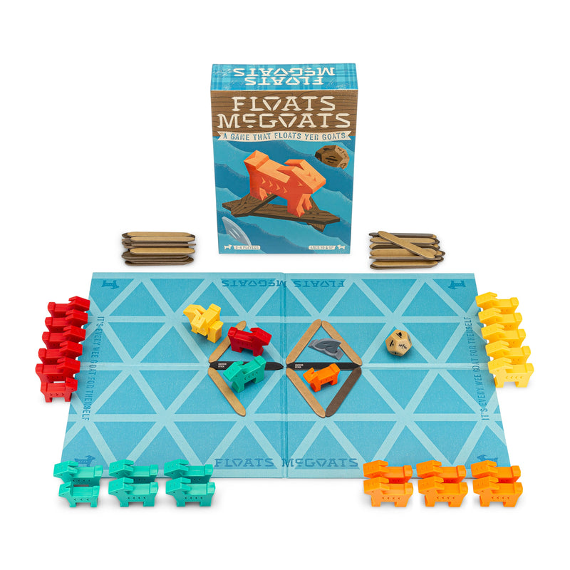 Floats McGoats board game with game board, colorful goat pieces, wooden planks and box