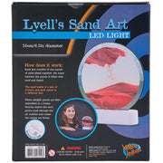 Lyell's Sand Art LED light product packaging showing 16cm diameter illuminated sand art display