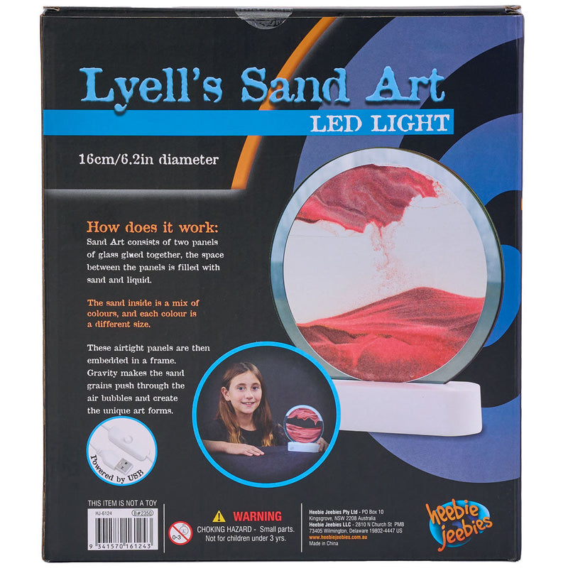 Lyell's Sand Art LED light product packaging showing 16cm diameter illuminated sand art display