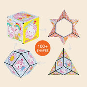 Shashibo Hello Kitty magnetic puzzle cube shown in four different transformed shapes