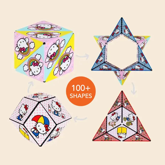 Shashibo Hello Kitty transforming magnetic puzzle cube showing four different geometric shapes with colorful Hello Kitty d...