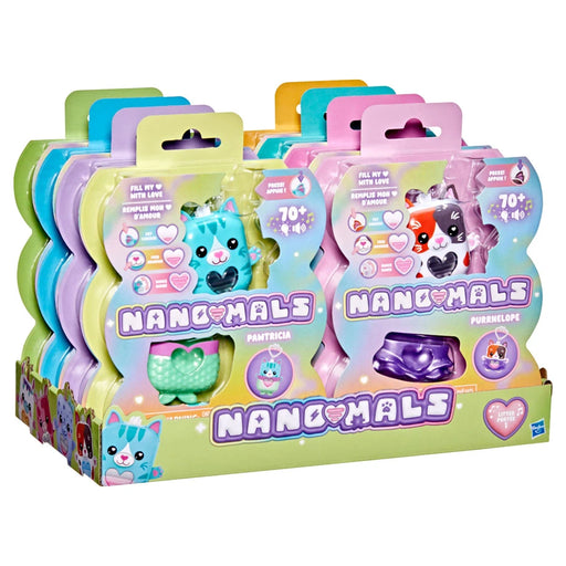 Nanomals toy display showing colorful character packages with cute animals in clear packaging