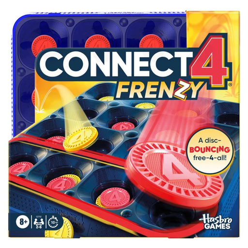Connect 4 Frenzy board game box by Hasbro showing game with bouncing discs