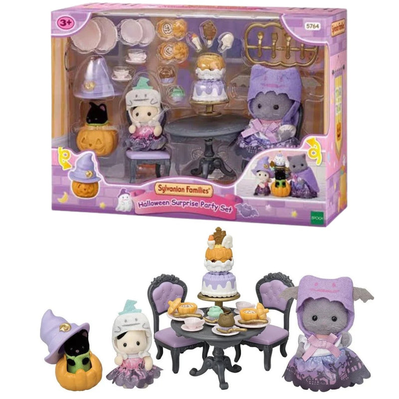 Calico Critters Halloween Surprise Party Set with characters and accessories in purple themed packaging.