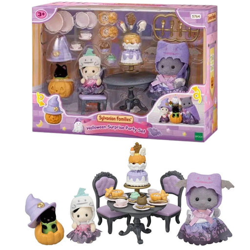 Calico Critters Halloween Surprise Party Set with characters and accessories in purple themed packaging.