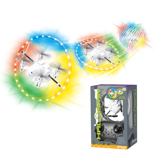 Odyssey Toys HaloSpin drone with colorful light rings and retail packaging